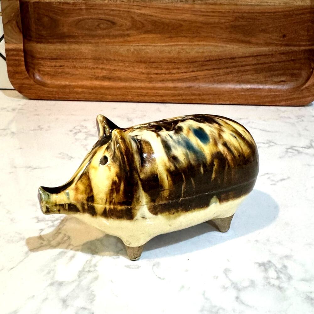 antique yellowware/stoneware piggy bank marbleized drip glaze 1890–1910 folk art